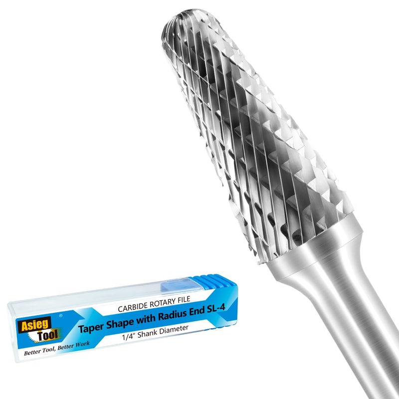Asieg Tool SL-4 Tungsten Carbide Burr Rotary File Taper Shape with Radius End Double Cut with 1/4" Shank for Die Grinder Drill Bit - Image 1